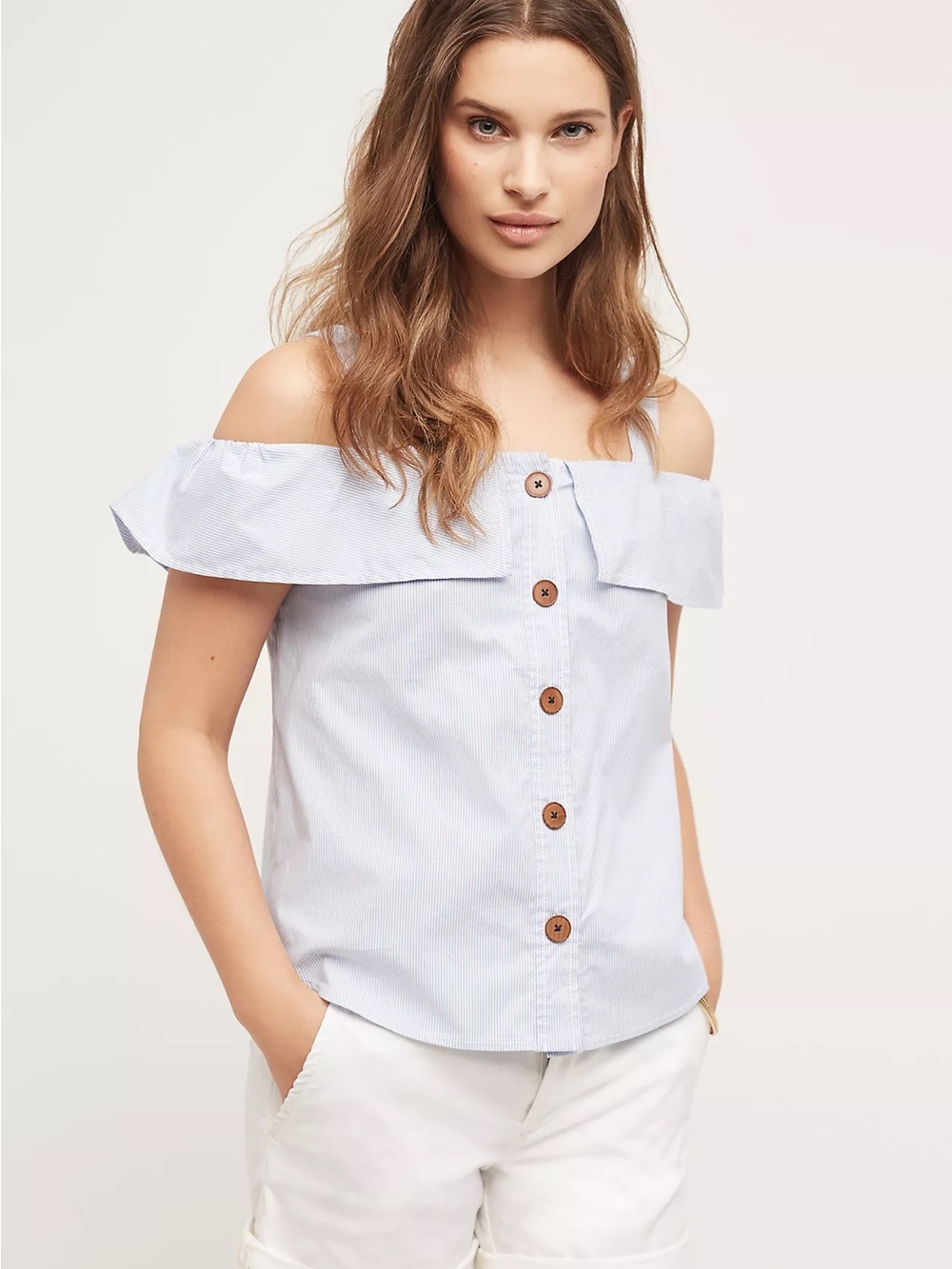 Maeve Canopy Top Light Blue Pinstripe Button-Front Blouse Size 6